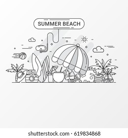 Flat line summer design concept vector images. Holiday travel. Modern thin linear stroke. For holiday graphic, web design, Web site header and Travel Advertising. Vector illustration. Gray tone.