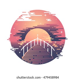 Flat line sunset and boat illustration. Summer evening sky color graphical vector print. 