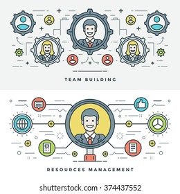 Flat line Team Building and Management. Vector illustration. Modern thin linear stroke vector icons. Website Header Graphics, Banner, Infographics Design, Promotional Materials. People Icons.