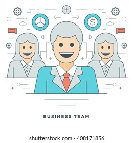 Flat line Team Building and Management. Vector illustration. Modern thin linear stroke vector icons. Website Header Graphics, Banner, Infographics Design, Promotional Materials. People Icons.