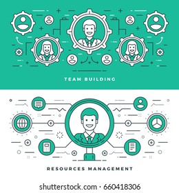 Flat line Team Building and Management. Vector illustration. Modern thin linear stroke vector icons. Website Header Graphics, Banner, Infographics Design, Promotional Materials. People Icons.