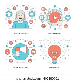Flat line Technical Support, Digital Marketing, Innovations Ideas, Business Concepts Set Vector illustrations. Modern thin linear stroke vector icons. Website Header Graphics, Banner, Infographics. 
