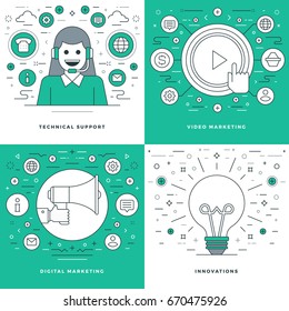 Flat line Technical Support, Digital Marketing, Innovations Ideas, Business Concepts Set Vector illustrations. Modern thin linear stroke vector icons. Website Header Graphics, Banner, Infographics.
