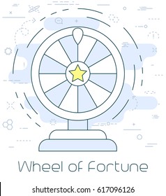 Flat line thin Wheel of fortune concept. White, blue background. Vector illustration 