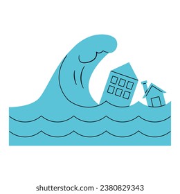 Flat line tsunami. Vector illustration with natural disaster theme and flat line vector style. Editable vector.
