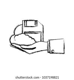 flat line   uncolored  hand with  floppy disk  over white background vector illustration