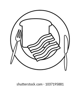 flat  line  uncolored  plate with bread and bacon over  white background  vector illustration