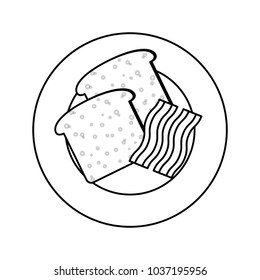 flat line uncolored   plate with bread   and   bacon over white backgroud vector illustration
