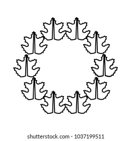 flat line uncolored  round frame  maple leaves over white  background vector illustration