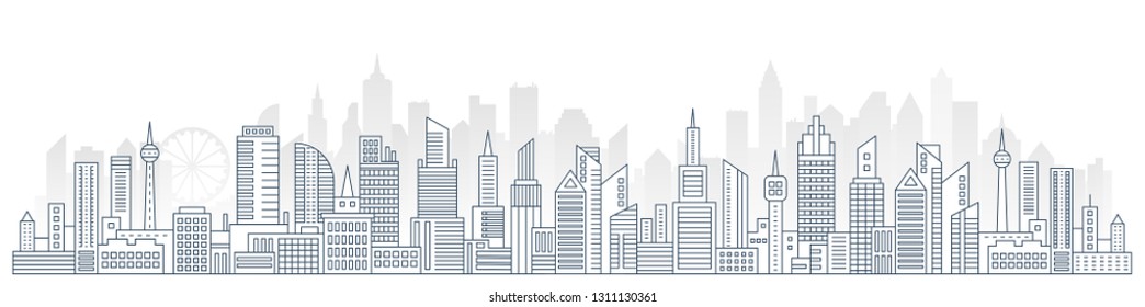 Flat line Urban Cityscape panorama. Real Estate and city construction outline header concept with modern skyscrapers vector Illustration.