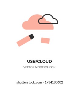 Flachzeilensymbole usb Cloud-Symbole. Graphic digital technology storage information web hosting. Logotypendesign für App, i. Einfache Übertragung und Upload von Formulareingaben. Isoliert auf weißer Vektorgrafik