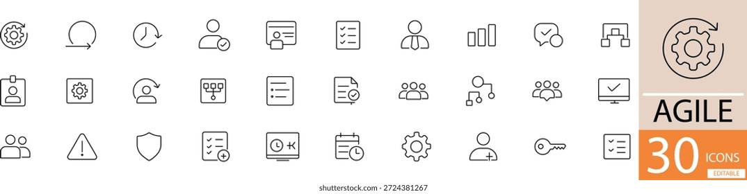 Vetor de linha plana ágil ícone conjunto mostrando scrum, sprint, e ágil conceitos de desenvolvimento em estilo limpo mínimo. Perfeito para desenvolvimento de software, gerenciamento de projetos e uso de design de negócios