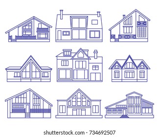 Flat line vector architecture design. Outlined stroke icons of different houses for sale concept. For poster, banner, web, header.