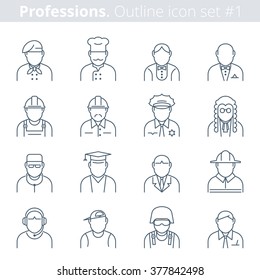 Flat line vector avatars group of professions people. Occupations icon set on white background. Premium quality collection. Suitable for infographics, web graphics, social networks, presentations.