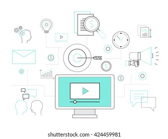 flat line vector business video marketing online and digital content concept 