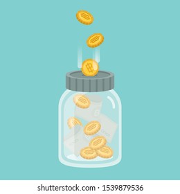 Flat line vector coins illustration. Money Jar or Moneybox savings falling coins.