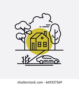 Flat line vector concept on place to live with primitive house surrounded by trees and car next to it