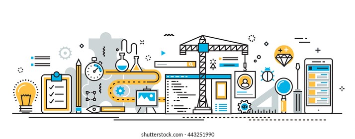 Flat line vector design concept of mobile application development process, app design, programming, coding, building and debugging for website banner and landing page header, infographics