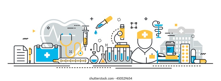 Flat line vector design concept of medicine and healthcare, clinic, hospital, ambulance service presentation template for website banner linear and landing page header, timeline, cover, infographics