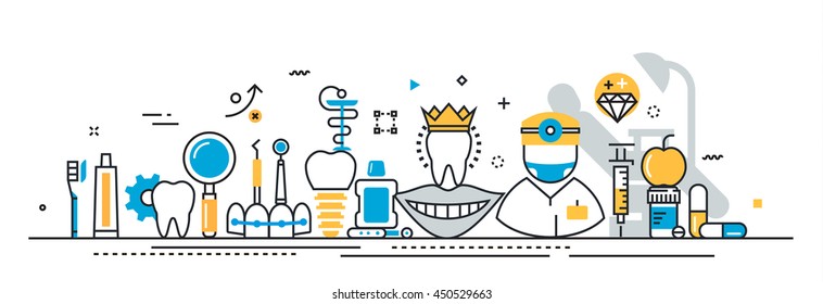 Concepto de diseño vectorial de línea plana de estomatología y dentista, clínica dental, especialización en medicina plantilla de presentación para banner de página lineal y de inicio, escala de tiempo, portada, infografía