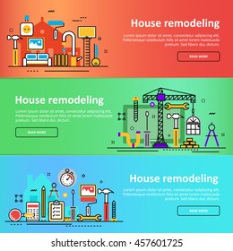 Flat line vector design concept three color red, green, blue banner templates set of house and home remodel process, repair service, building, renovation, construction for design header, post