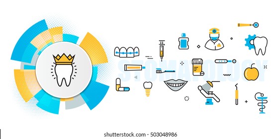 Flat line vector design concept of stomatology and dentist, dental clinic, medicine banner for website header and landing page in circles digital element, linear, timeline, cover, infographics