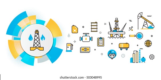 Flat line vector design concept of oil and gas production industry process, petroleum product, extraction, valving, well pump banner for website header and landing page in circles digital element
