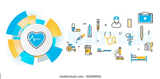 Diseño de vectores planos de medicina y salud, clínica, hospital, servicio de ambulancia banner para encabezado y página de aterrizaje del sitio web en círculos de elementos digitales, lineales, cronología, infografía