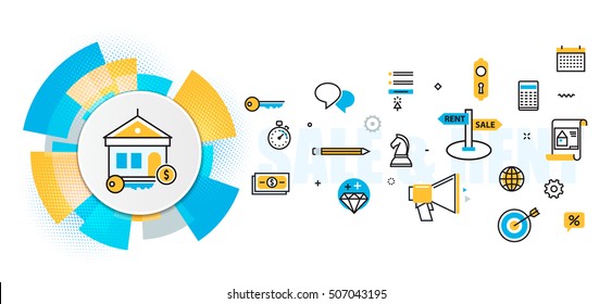 Flat line vector design concept of sale and rent service agency, real estate, marketing banner for website header and landing page in circles digital element, linear, timeline, icon, infographics