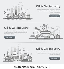 Flat line vector design concept banner templates set of oil and gas production industry process, petroleum product, extraction, valving for design header, post, website on gray paper background