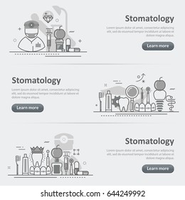 Flat line vector design concept banner templates set of stomatology and dentist, dental clinic, medicine expertise for web design header, post website, linear, timeline, cover on gray paper background