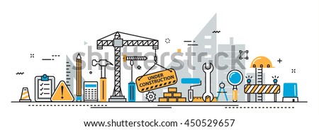Flat line vector design concept of under construction, web page building process, presentation template for website banner linear and landing page header, timeline, infographics, promotional materials