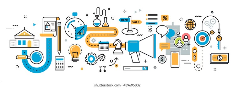 Flat line vector design illustration concept plan of sale and rent service  
agency real estate process, marketing, property and house mortgage for website 
banner and landing page, infographics