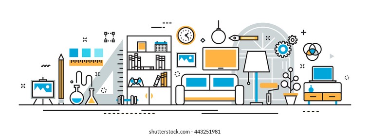 Flat line vector design illustration concept of interior design process, furniture, painting, construction, decoration for website banner, header and landing page linear, icons and infographics