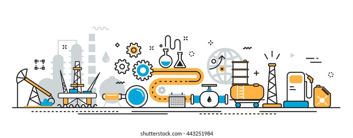 Flat Line Vector Design Illustration Concept Of Oil And Gas Production Industry Process, Petroleum Product, Extraction, Valving, Well Pump For Website Banner Header And Landing Page Linear