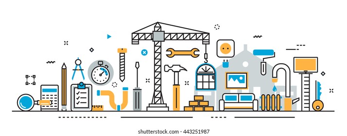 Flat line vector design illustration concept of house and home remodel process, repair service, building, painting, renovation, construction for website banner and landing page header, infographics