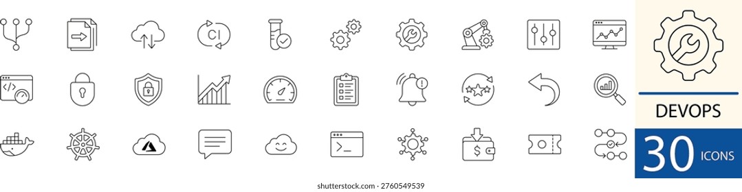 Flat line vector Devops icon set showing automation, CICD, and cloud workflow concepts in clean minimal style. Perfect for IT and software design use