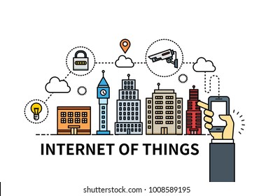 Flat line vector editable graphic illustration, Internet technology concept, Urban cityinternet of things