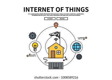 Flat line vector editable graphic illustration, Internet technology concept, internet of things
