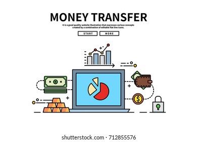 Flat line vector editable graphic illustration, business finance concept, money transfer
