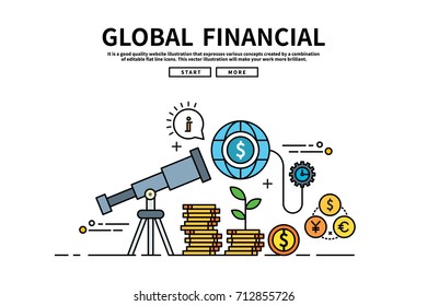 Flat line vector editable graphic illustration, business finance concept, Global financial