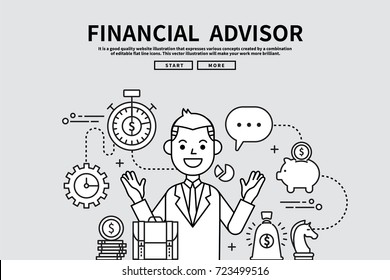 Flat line vector editable graphic illustration, business finance concept, financial advisor