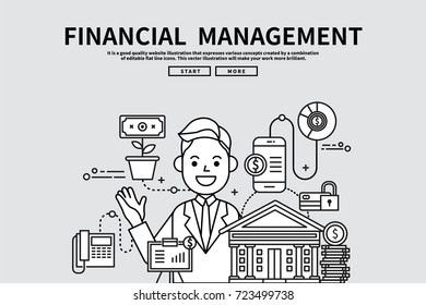 Flat line vector editable graphic illustration, business finance concept, financial management