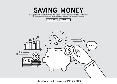 Flat line vector editable graphic illustration, business finance concept, saving money