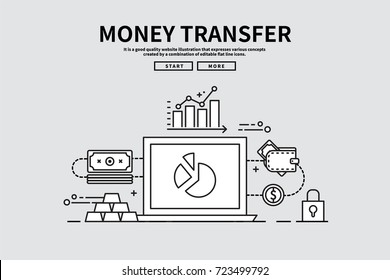 Flat line vector editable graphic illustration, business finance concept, money transfer