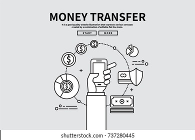 Flat line vector editable graphic illustration, business finance concept, money transfer