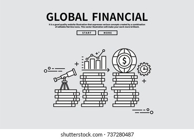 Flat line vector editable graphic illustration, business finance concept, Global financial
