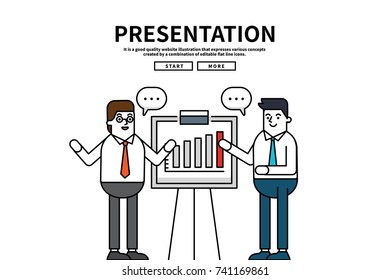 Flat line vector editable graphic website illustration, business presentation