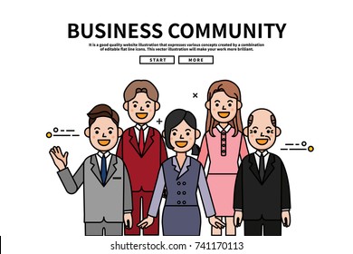 Flat line vector editable graphic website illustration, business community