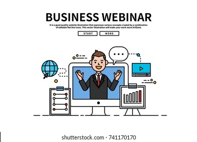 Flat Line Vector Editable Graphic Website Illustration, Business Webinar